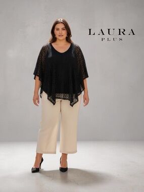 Laura Plus Black Crochet Overlay Poncho Top 2X Plus Size, Stretch Layered Blouse